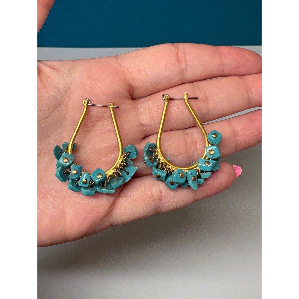 Gold‎ Tone Teardrop Hoop Earrings with Turquoise Stone Chips Boho Southwestern